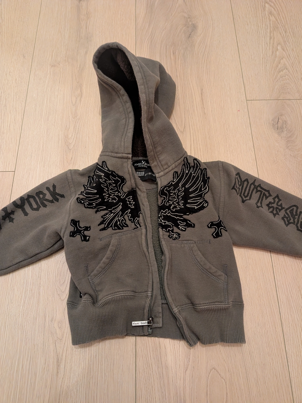 Gray Hooded Kids Zip-Up Jacket with Eagle Embroidery 0161